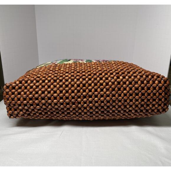 Vintage 1970s Boho Retro Chic Wood Beaded Needlepoint Design Shoulder Bag Purse - Picture 3 of 11